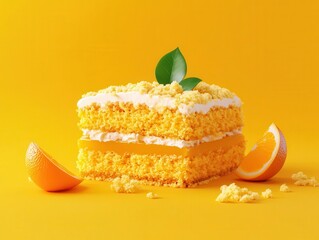 Orange cake crumbs flat design, front view, baking class, 3D render, complementary color scheme