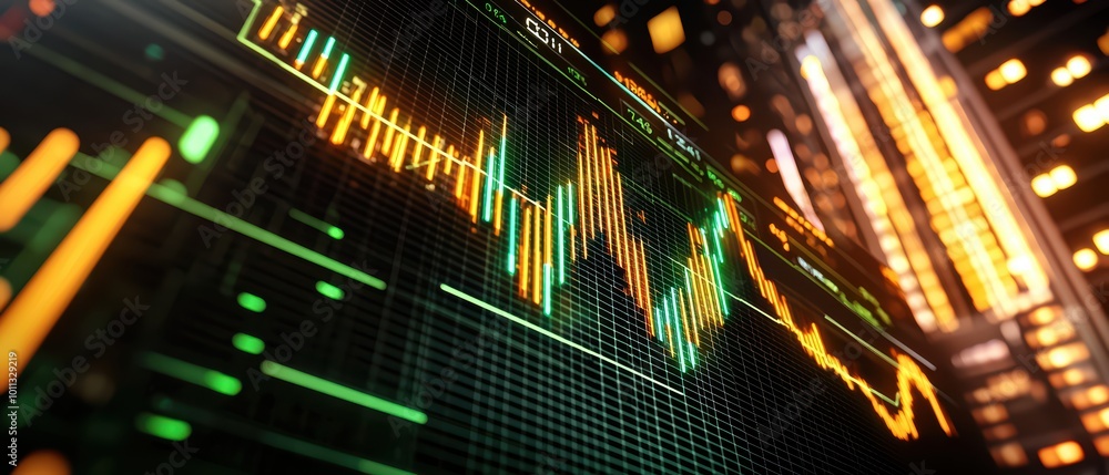 Poster dynamic financial chart displaying stock market trends with colorful graphs and glowing elements, sy