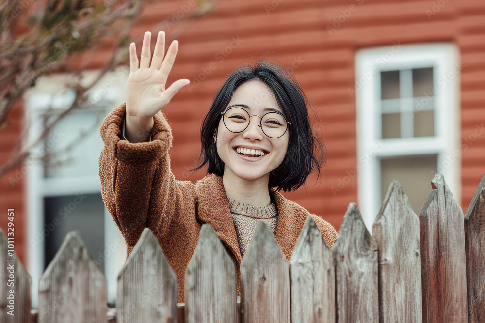 Wall mural smiling woman waving over a wooden fence in a friendly neighborhood