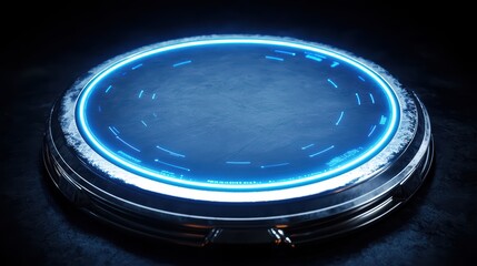 Futuristic circular platform with glowing blue lights, set against a dark background, ideal for sci-fi or gaming related visuals.