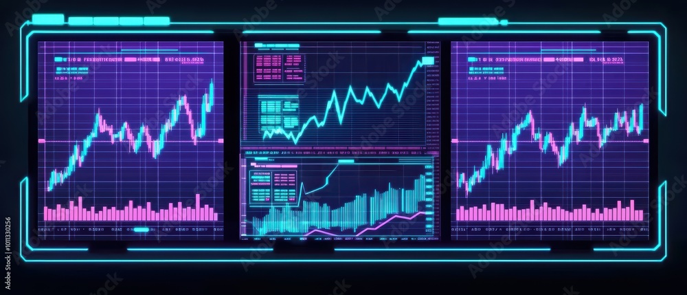 Poster futuristic digital interface displaying stock market data, featuring vibrant graphs and colorful cha