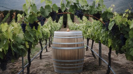 Vineyard Oasis: Wooden Barrel as Tourist Attraction Amidst Lush Vines