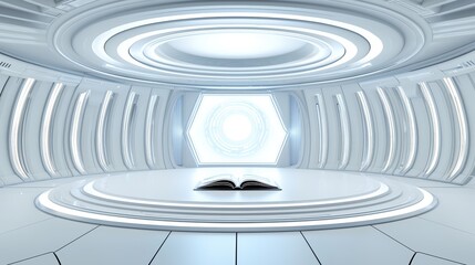 Fototapeta premium Futuristic, minimalist interior with a central open book and glowing accents, seamlessly blending innovation with knowledge in a sleek design.