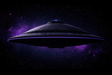 Futuristic flying saucer against a cosmic background of stars and galaxies, capturing the essence of interstellar travel and exploration.