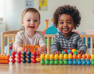 Two joyful children playing with colorful toys in a bright playroom, showcasing early childhood fun and development