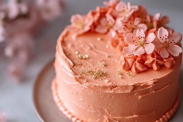 soft coral cake with coral-colored frosting