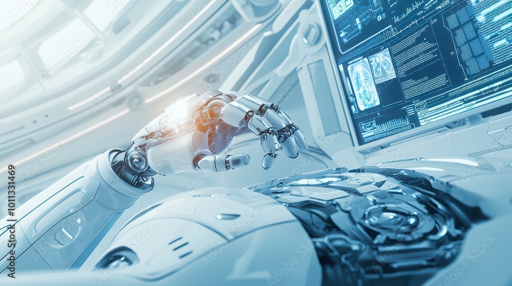 Poster futuristic robotic hand interacting with advanced technology interface in a sleek, high-tech environ