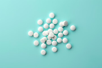 Group of white tablets arranged on a teal background, showcasing their circular shape and uniform size
