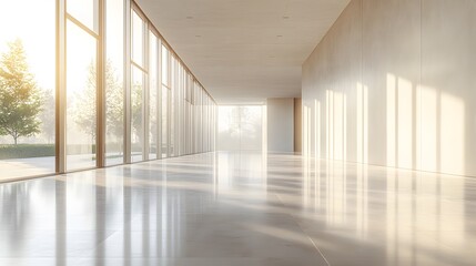 Fototapeta premium A bright modern interior showcasing minimalist architecture with sunlit hallways and floor-to-ceiling windows, reflecting natural light in a clean, spacious environment.
