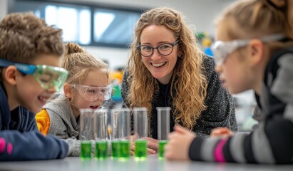 Science teacher engaging with young students during a chemistry experiment in a classroom setting, fostering curiosity and teamwork