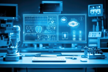 Fototapeta premium High-tech laboratory setup with a computer displaying medical data and robotics, emphasizing innovation and research in healthcare.