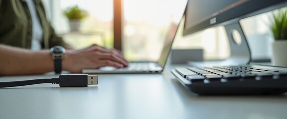 Person working focused on laptop at modern office desk with technology