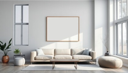 Sunlit Elegance: A spacious living room adorned with plush furnishings and soft natural light streaming through large windows, creating a serene and inviting atmosphere.