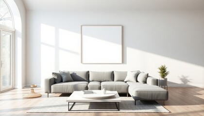 Sunlit spacious living room with elegant furnishings; warm tones and large windows invite a serene ambiance.