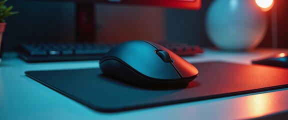 Sleek gaming mouse in neon-lit atmosphere representing modern technology against vibrant desktop setup