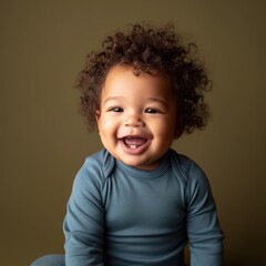 Joyful baby boy with curly hair wearing a teal outfit, smiling against a neutral background, showcasing happiness and innocence.
