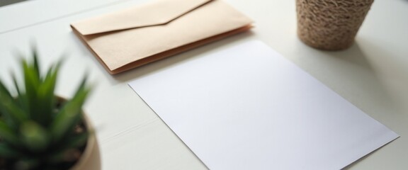 Minimalist desk setup with envelope and blank paper with copy space