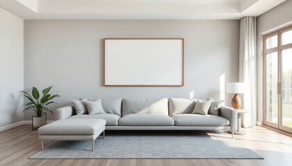 Naklejka premium Elegant and Open Living Room: A sunlit, expansive space adorned with contemporary furnishings and large windows, casting gentle light across the sleek wooden floor and cozy seating arrangements.