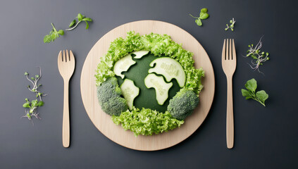 Aerial view of Earth creatively made from assorted green vegetables on a wooden plate symbolizing healthy eating and sustainable living