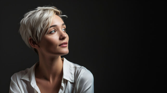 Radiant young woman with pixie haircut posing thoughtfully against a dark background