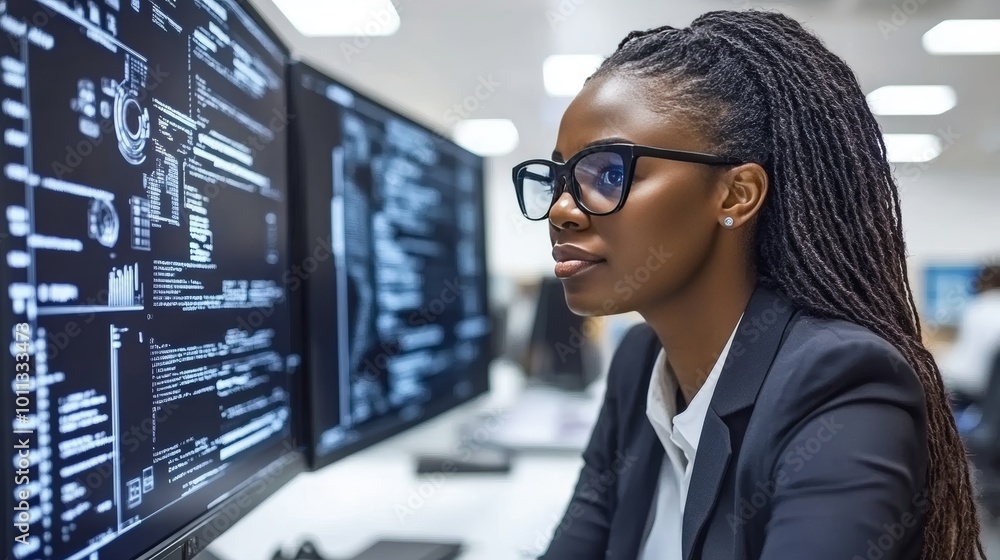 Poster focused black female computer programmer working with data on multiple monitors in the office.