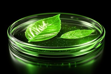 Petri dish containing green liquid with leaves submerged, showcasing a microenvironment for biological study and research on plant growth.