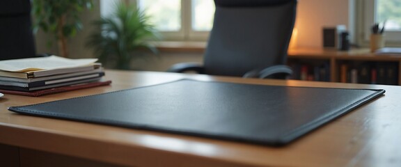 Professional desk setup with leather pad in cozy office atmosphere