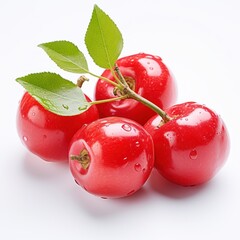 Obraz premium Vibrant fresh Acerola cherries with leaves and water droplets on white background