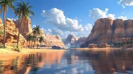 Obraz premium A desert oasis framed by towering sandstone cliffs and a vibrant blue sky, reflecting calm water and palm trees, showcasing dramatic rock formations in natural beauty.