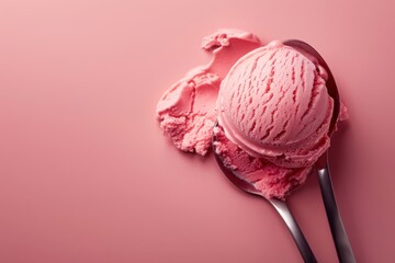 Two silver spoons resting on a pink countertop beside a scoop of strawberry ice cream