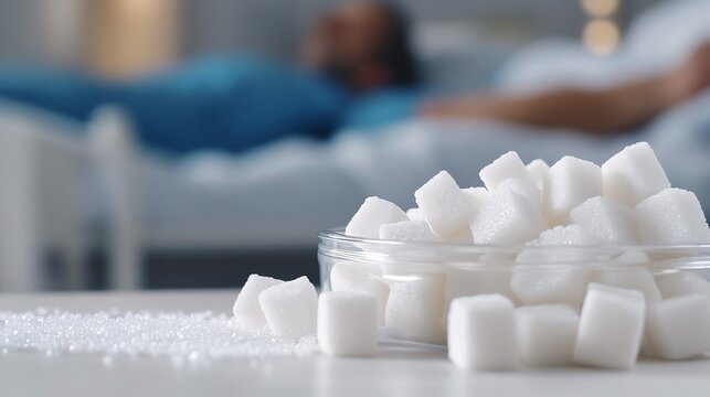 A bowl filled with white sugar cubes on a table, with a blurred background of a person lying down, illustrating sugar's impact on health.