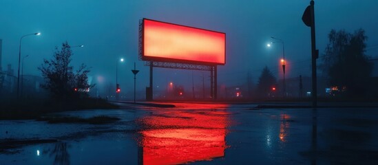A large billboard illuminated in red stands alone on a foggy street at night, reflecting in a puddle.