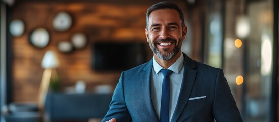 Fototapeta premium A smiling businessman in a blue suit with a tie stands in an office setting.