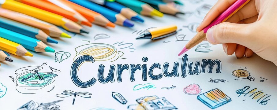 Colorful pencils with curriculum text and doodles on white background showcasing creativity and education