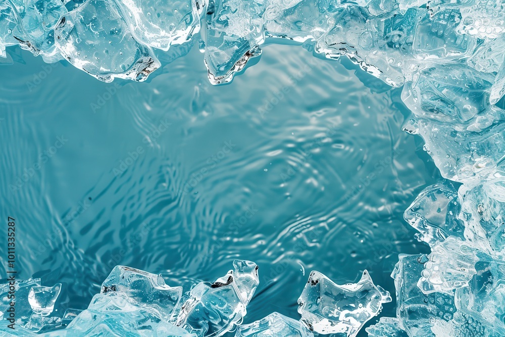 Wall mural ice fragments surrounding a calm blue pool of water in a serene setting