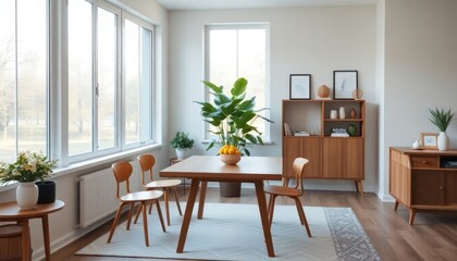 Fototapeta premium Warm and inviting dining room featuring a sleek, modern design; elegant lighting softly illuminates a contemporary table setting.