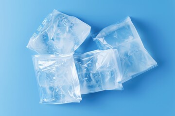 Obraz premium Clear plastic packaging containing ice cubes arranged on a light blue surface