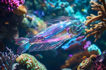Ai robotic fish gliding through a coral reef, its scales made of reflective glass and LED lights