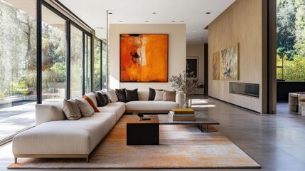 Earth-tone contemporary interior, warm colors, modern furniture, abstract artwork on walls, spacious with clear windows, relaxed vibe 166cdba0eca0