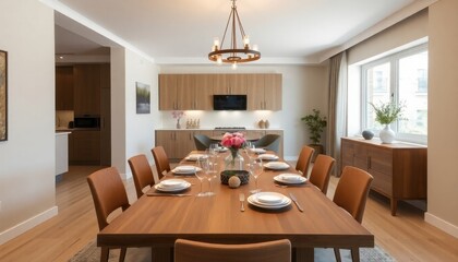 Elegant dining room featuring a sleek table, cozy chairs, and a stunning chandelier casting a warm glow.