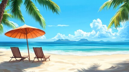Panoramic view of a tropical beach featuring an umbrella and two lounge chairs
