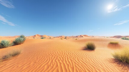 Fototapeta premium Golden sand dunes of the Sahara desert under a bright blue sky, showcasing the sparse vegetation and rippled textures of the warm sand in a vast, arid environment.