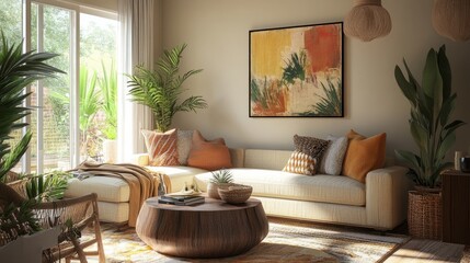 Earth-toned modern living room, cozy sofa, abstract wall art, warm decor, large windows allowing natural light, stylish and inviting atmosphere