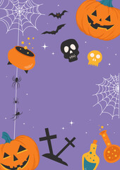 Halloween poster for spooky party cards and invitations. Vector flyer with space for text with pumpkin, ghost and Halloween illustrations