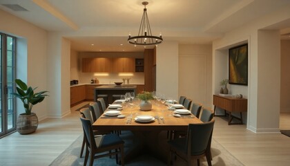 Fototapeta premium Chic Dining Ambiance: A Tastefully Set Table with Modern Kitchen Vista