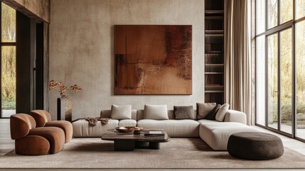 Inviting earth-tone living room, abstract artwork, clear windows, warm modern design, comfortable sofa, decorative accents