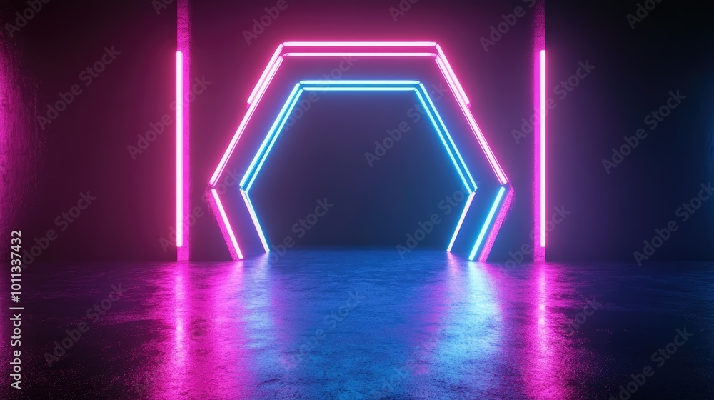Aufkleber 3D render of a hexagonal frame in blue and pink neon creating an empty space illuminated by ultraviolet light evoking an abstract 80 s retro style for a fashion show stage backdrop