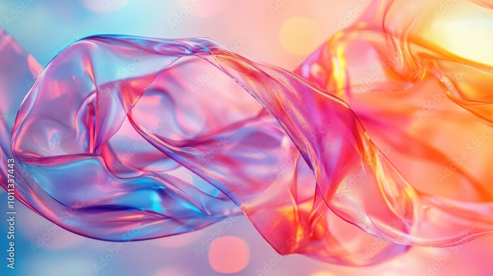 Poster Dynamic twisted plastic wraps with an abstract design against a blurred colorful background