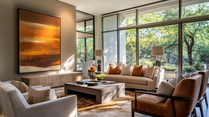 Fototapeta premium Inviting living room with earth tones, contemporary decor, cozy seating, abstract art, large clear windows, minimalist yet warm