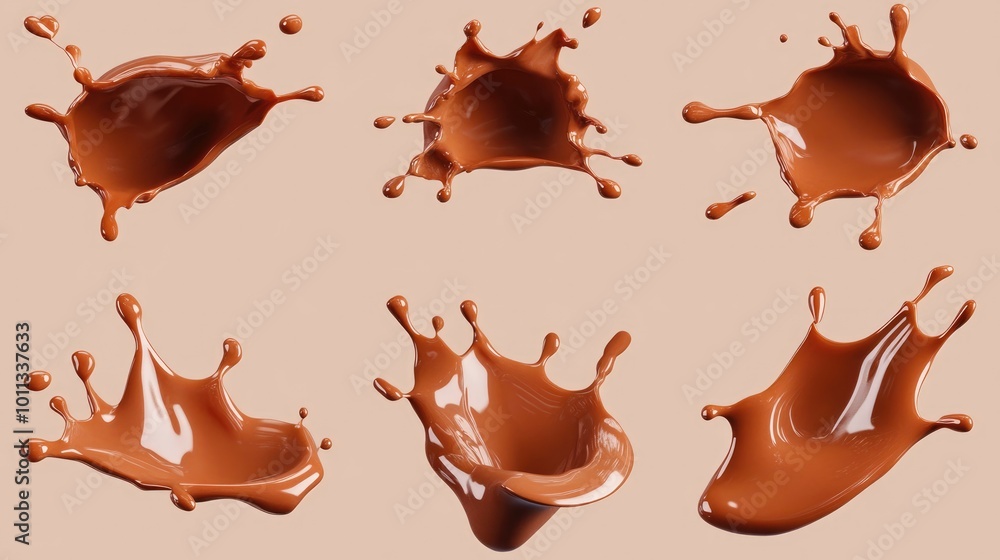 Poster collection of delectable splashes of melted chocolate isolated on a contrasting background